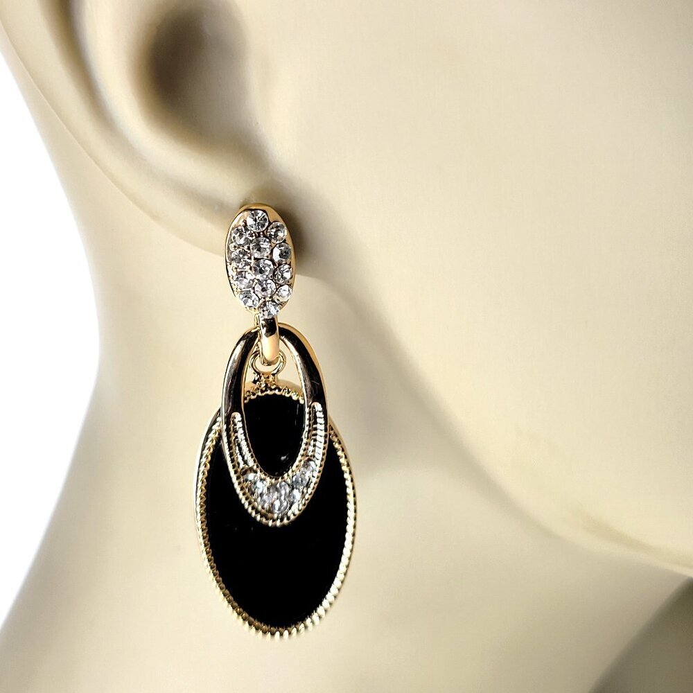 Black and Gold Oval Drop Earrings with Crystals
